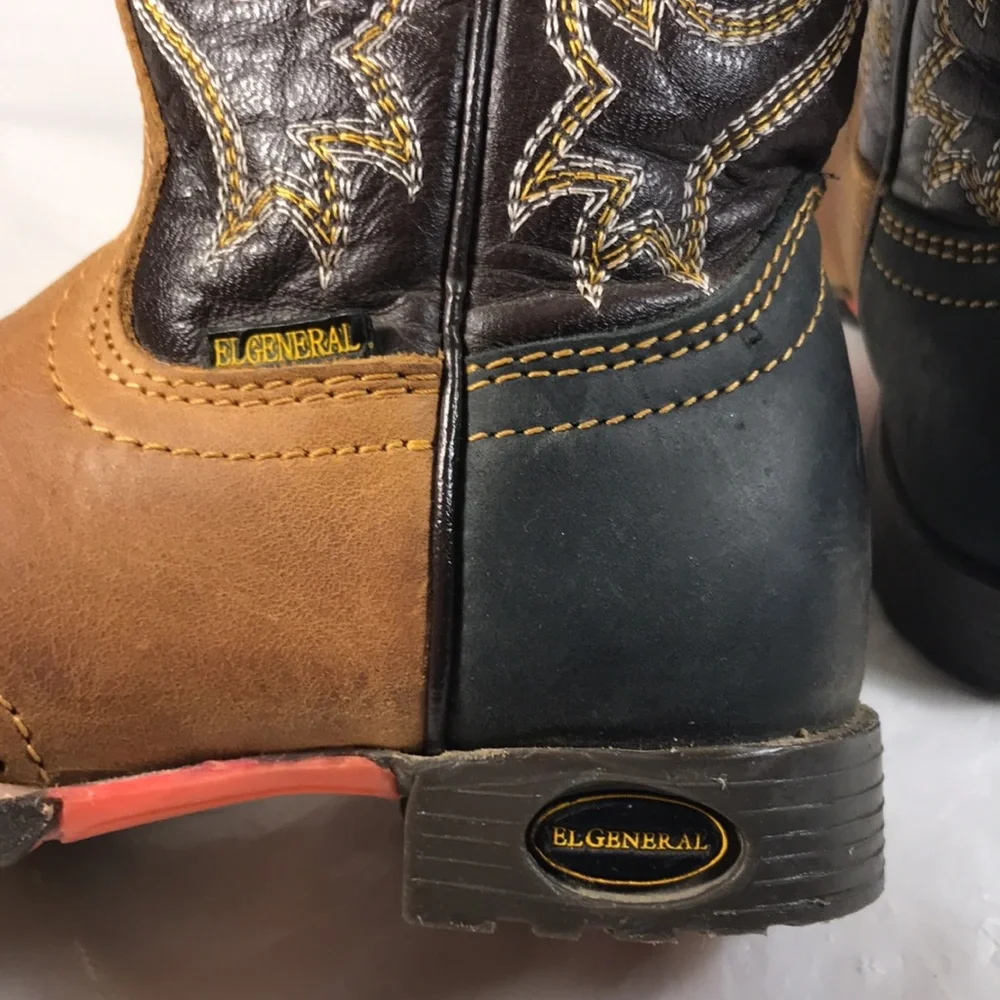 El General Buffalito Kids Brown and Black Leather Cowboy Rodeo Square Toe Boots
